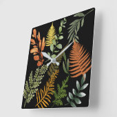 暗いカラフルシダ植物葉フローラ スクエア壁時計 (傾斜)