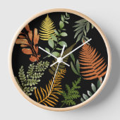 暗いカラフルシダ植物葉フローラ 壁時計 (正面)
