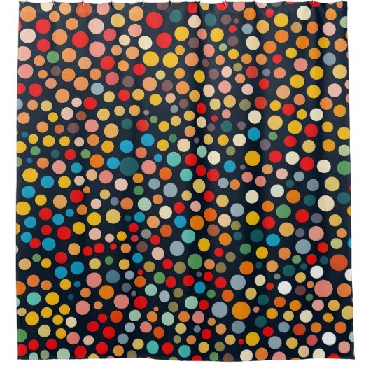 暗いカラフル背景の水玉模様 シャワーカーテン (正面)