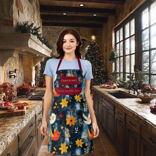 暗いクリスマスとフェスティバルの鳥と花 エプロン