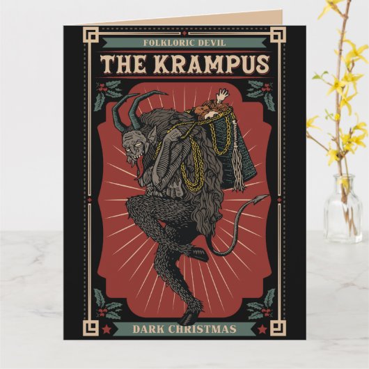 暗いクリスマスの民俗的な悪魔クランプスのおもちゃのバッグ カード (黄色い花)