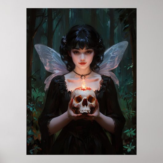 暗いゴシックの妖精 – 森の中でゴシックの翼の女の子 ポスター (正面)