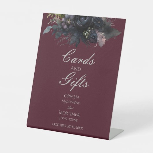 暗いゴシック様式のフローラ結婚式カードとギフトサイン 台座サイン (正面)