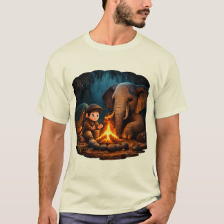 「暗いジャングルの中のキュートな3D少年と象のキャンプファイヤーステッカー」 Tシャツ
