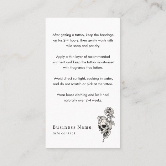 暗いスカル骨の入れ墨アフターケアの指示 名刺 (裏面)