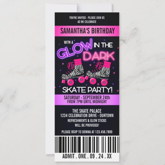 暗いスケートで滑る誕生日パーティーへの招待で輝く 招待状 (正面)