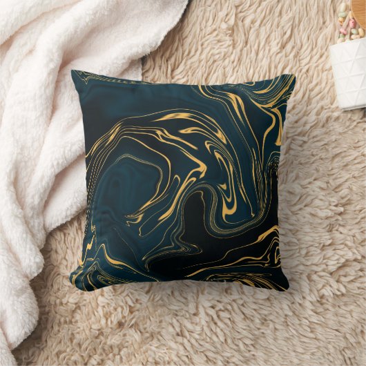 暗いターコイズのティール(緑がかった色)の金ゴールドの黒の豊富な抽象美術 クッション (ブランケット)