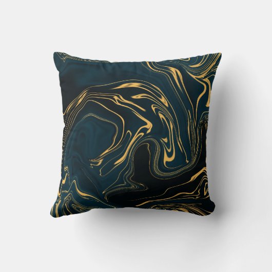 暗いターコイズのティール(緑がかった色)の金ゴールドの黒の豊富な抽象美術 クッション (裏面)