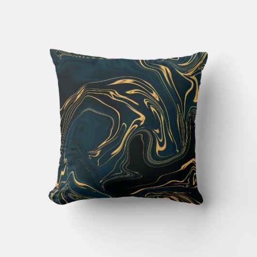 暗いターコイズのティール(緑がかった色)の金ゴールドの黒の豊富な抽象美術 クッション (正面)