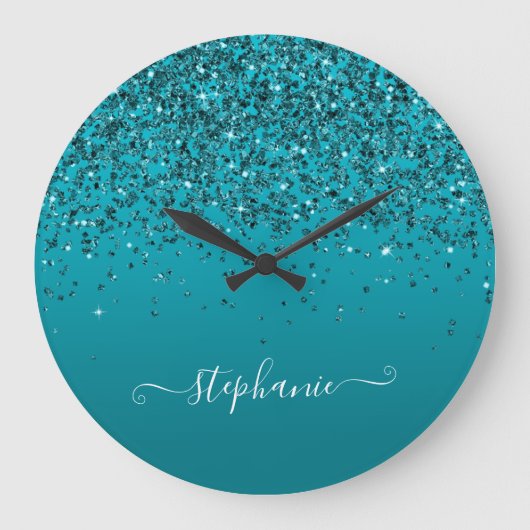 暗いターコイズキラキラのグラデーションのガーリー書道 ラージ壁時計 (正面)
