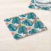 暗いターコイズモンステラ、繊細な桃と黄色 スクエアペーパーコースター (アングル)