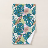 暗いターコイズモンステラ、繊細な桃と黄色 バスタオルセット (ハンドタオル)