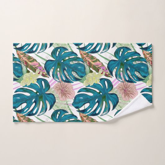 暗いターコイズモンステラ、繊細な桃と黄色 バスタオルセット (ハンドタオル)