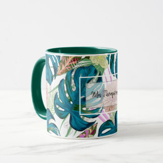 暗いターコイズモンステラ、繊細な桃と黄色 マグカップ