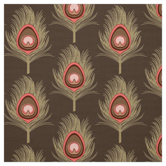 暗いチョコレート色でベージュ孔雀の羽 ファブリック (見本)