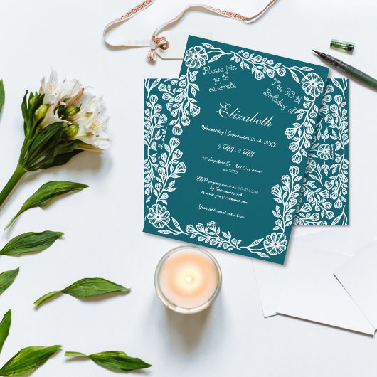 暗いティール（緑がかった色）とホワイトボタニカルフローラ30th Birthday 招待状