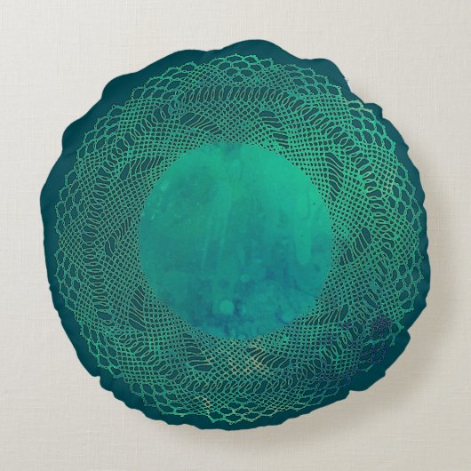 暗いティール(緑がかった色)のかぎ針編みのレースのDoilyの枕 ラウンドクッション (裏面)