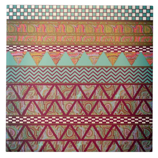 暗いティール(緑がかった色)のこはく色のBoho種族のストライプなパターン タイル (正面)