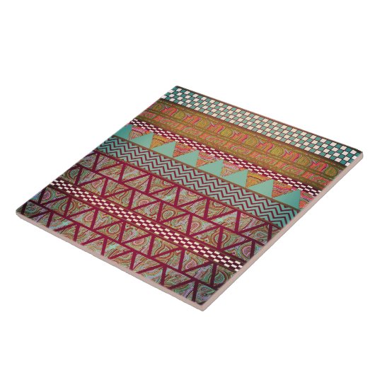 暗いティール(緑がかった色)のこはく色のBoho種族のストライプなパターン タイル (側面)