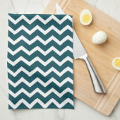 暗いティール(緑がかった色)のジグザグ形のシェブロンパターン キッチンタオル (四つ折り)