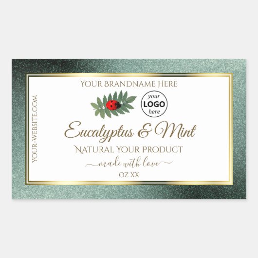 暗いティール（緑がかった色）グリッターホワイトプロダクトラベルラディバグロゴ 長方形シール (正面)