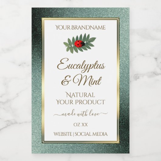 暗いティール（緑がかった色）グリッター白い製品ラベルLadybug フードラベル (シングルラベル)