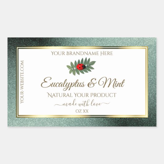 暗いティール(緑がかった色)グリッター白い製品ラベルLadybug 長方形シール (正面)