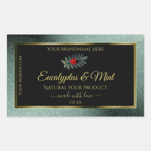 暗いティール（緑がかった色）グリッター黒い製品ラベルLadybug 長方形シール (正面)