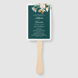 暗いティール（緑がかった色）フローラエレガントスクリプト結婚式 プログラム ハンドファン
