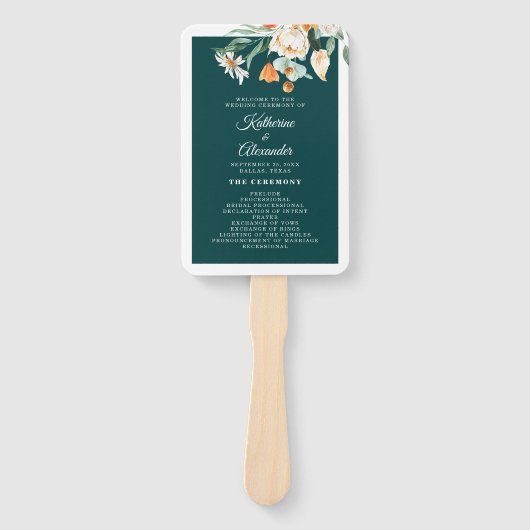 暗いティール（緑がかった色）フローラエレガントスクリプト結婚式 プログラム ハンドファン (正面)