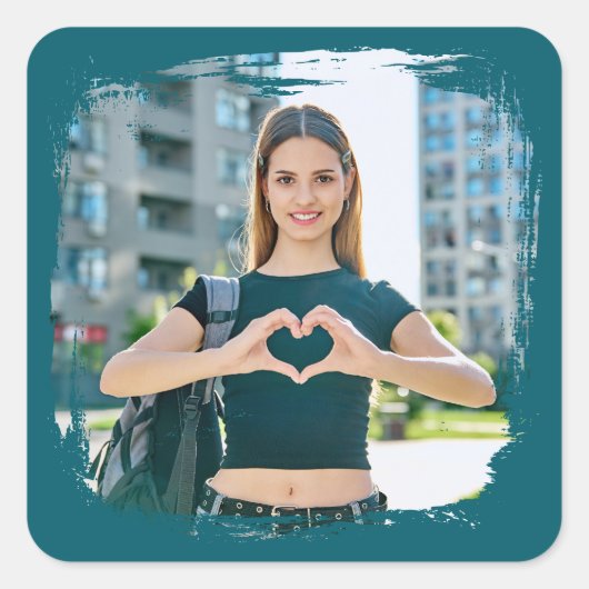 暗いティール(緑がかった色)モダングランジ縁ど写真 スクエアシール (正面)