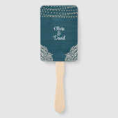 暗いティール（緑がかった色）素朴ウッドストリングライト結婚式 プログラム ハンドファン (正面)