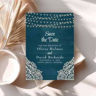 暗いティール（緑がかった色）素朴文字列ライト日付カードを保存 招待状