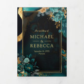 暗いティール(緑がかった色)金ゴールドフローラ大理石QRコード結婚ズ 三つ折り招待状 (カバー)
