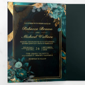 暗いティール(緑がかった色)金ゴールドフローラ大理石QRコード結婚ズ 三つ折り招待状 (内部最初)