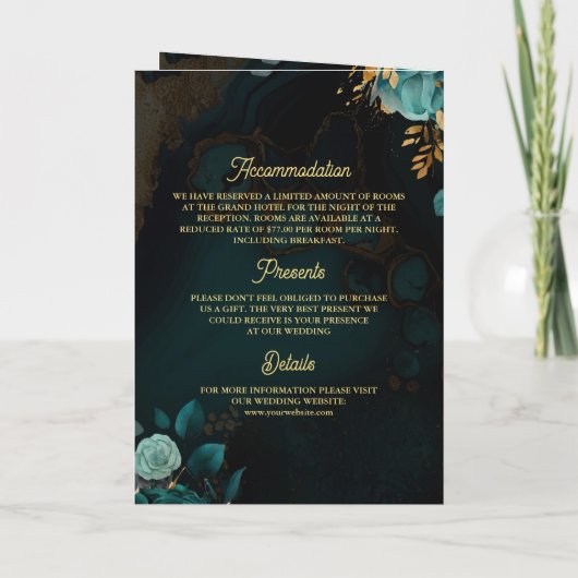 暗いティール(緑がかった色)金ゴールドフローラQRコードムスリム結婚ズ 招待状 (裏面)