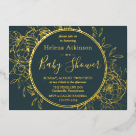 暗いティール（緑がかった色）&金ゴールドモダン牡丹トイレベビースシャワー 箔招待状