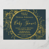 暗いティール(緑がかった色)&金ゴールドモダン牡丹トイレベビースシャワー 箔招待状 (正面)