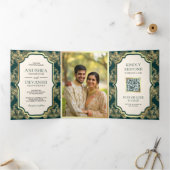 暗いティール(緑がかった色)金ゴールドレースQRコードフォトインディアン結婚's 三つ折り招待状 (内部)