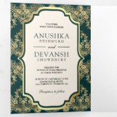 暗いティール(緑がかった色)金ゴールドレースQRコードフォトインディアン結婚's 三つ折り招待状 (内部最初)