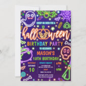 暗いネオンのハロウィーンの誕生日パーティーで輝く 招待状 (正面)