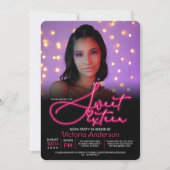 暗いネオンのピンクの輝きパーティー写真甘い16 招待状 (正面)