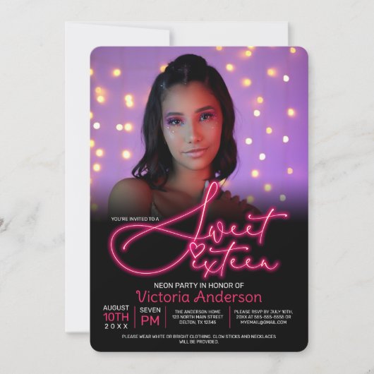 暗いネオンのピンクの輝きパーティー写真甘い16 招待状 (正面)