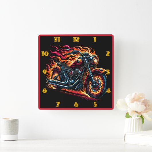 暗いハイウェイを走り抜けるバイク スクエア壁時計 (ホーム)