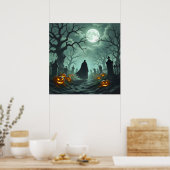 暗いハロウィンの夜の不気味な墓地の風景 ポスター (キッチン)