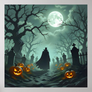 暗いハロウィンの夜の不気味な墓地の風景 ポスター