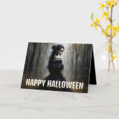 暗いハロウィンの森の神秘的な女性 カード (黄色い花)