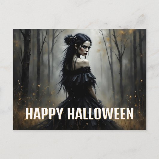 暗いハロウィンの森の神秘的な女性 シーズンポストカード (正面)