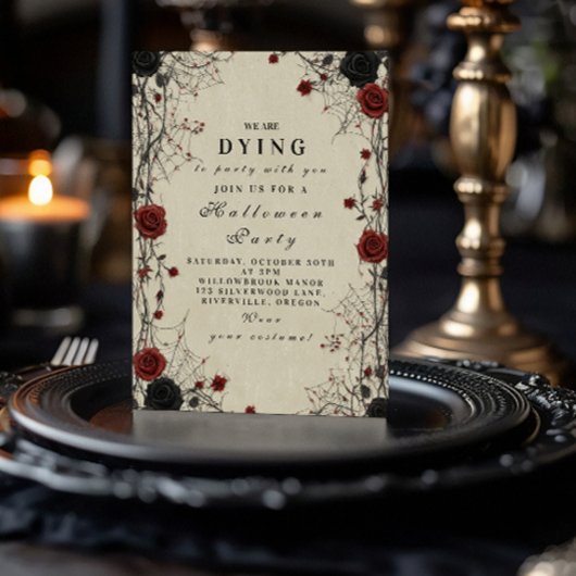 暗いバラとクモの巣ハロウィーンの夜 招待状