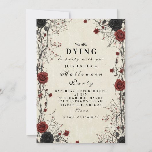 暗いバラとクモの巣ハロウィーンの夜 招待状 (正面)